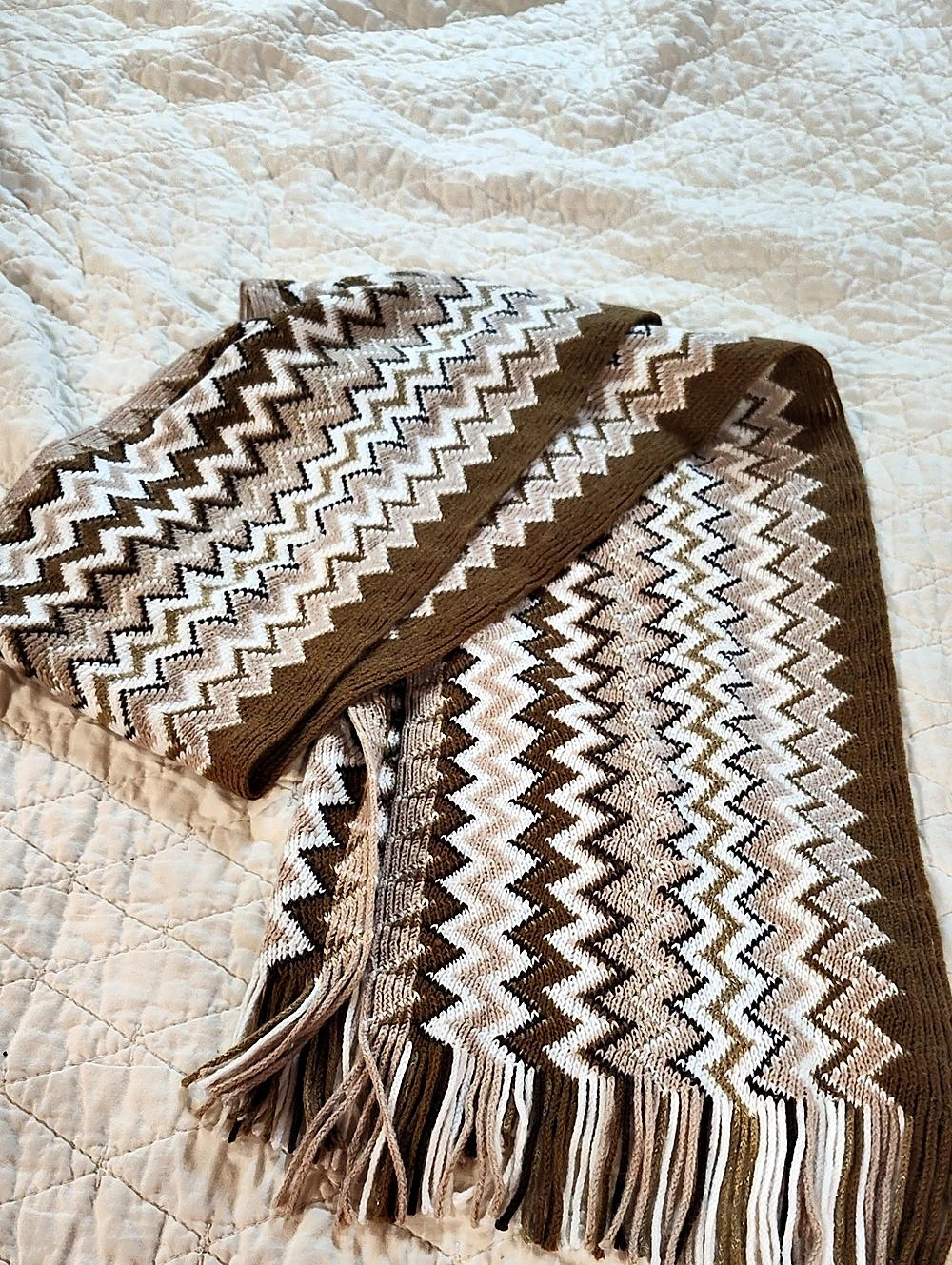Geometric Fringe Scarf in Brown & White